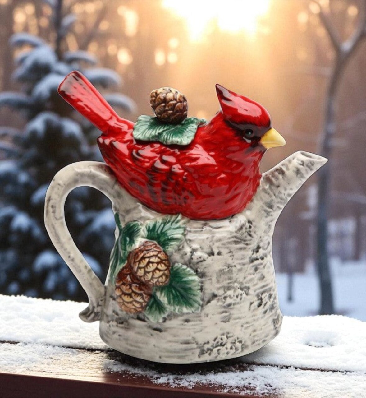 Ceramic Cardinal Bird On Birchtree Teapot, Gift for Her, Gift for Mom, Birdwatcher, Tea Party Décor, Café Décor, Christmas Décor